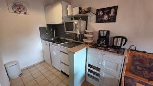 a small kitchen with a stove and a microwave at Kleines Glück am Bärenstein in Gößweinstein +15 photos