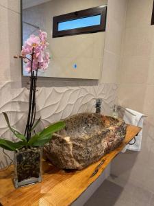 a bathroom with a stone sink with a vase of flowers at Despertar in Antequera