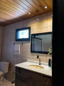 a bathroom with a sink and a mirror at Casa Sabia com charme rústico e belos jardins in Benedito Novo