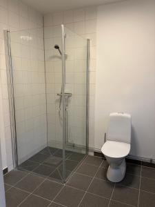 a bathroom with a toilet and a glass shower at Villa Bäckagård Bed and Breakfast in Åstorp +6 photos