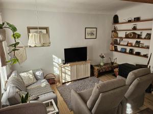 a living room with couches and a flat screen tv at DOMEK NAD WISŁĄ in Kazimierz Dolny