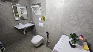 a bathroom with a white toilet and a sink at Garden Lemon Tree Villa in Tirana +43 photos