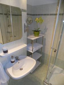 uma casa de banho com um lavatório e um chuveiro em Fészek Apartman Sopron em Sopron