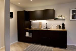 a kitchen with black cabinets and a sink at Sehr gemütlich und modern in Haldensleben