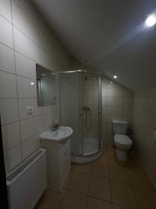 a bathroom with a shower and a toilet and a sink at Hotel Eliot in Łomża