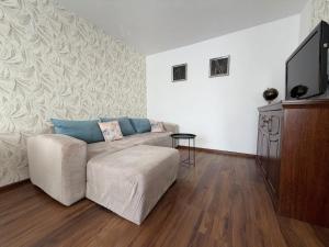 a living room with a couch and a flat screen tv at Gustowny apartament in Inowrocław