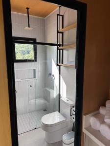 a bathroom with a white toilet and a shower at Villa D Castro in Gonçalves