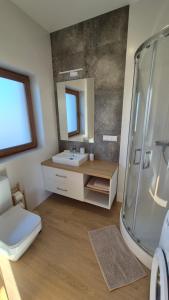 a bathroom with a sink and a shower at Domki na Wymyślu in Grywałd