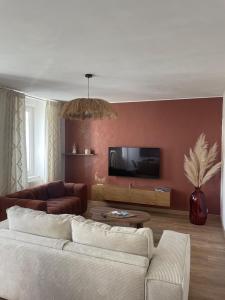 a living room with a couch and a tv at La Mandarouseraie in Millau