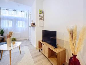 a living room with a flat screen tv on a wooden stand at Le Duc 1 - Appartement 2 pers - Centre Ville in Valence