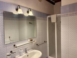 a bathroom with a sink and a shower and a mirror at Cor Magis in San Quirico dʼOrcia