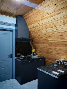 a kitchen with a stove and a wooden wall at Emaar Afreem Pastar Qebele in Gabala