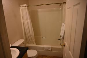 a bathroom with a white toilet and a shower at Airport Motel in Pasco