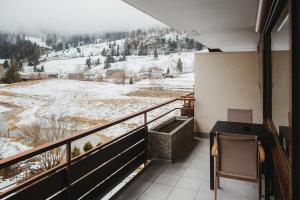 a balcony with a view of a snow covered mountain at Schwarzwald Loft Bergblick in St. Blasien