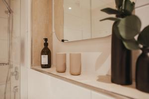 a bathroom shelf with a bottle of wine and a plant at Schwarzwald Loft Bergblick in St. Blasien +15 photos