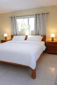 a bedroom with a large white bed with a window at Aruba Villa on a Hill in Savaneta