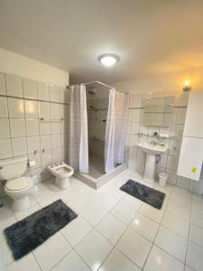 a bathroom with a toilet and a shower and a sink at Aruba Villa on a Hill in Savaneta +5 photos