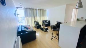 a living room with a person sitting on a couch with a laptop at Viabo in Viña del Mar