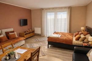 a bedroom with a bed and a living room at Apartment Riviera 13 Lipno in Lipno nad Vltavou