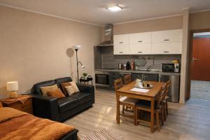 a living room and kitchen with a couch and a table at Apartment Riviera 13 Lipno in Lipno nad Vltavou