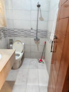 a bathroom with a toilet and a mop at The Aristocrat Manor in Islamabad