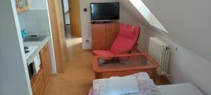 a living room with a red chair and a television at Penzion Bedrč in Benešov
