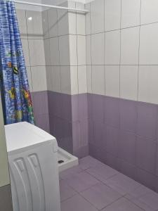 a bathroom with a toilet and a shower curtain at Elegant Apartment City Center in Fier +9 photos