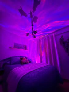 a bedroom with pink and purple lights on a bed at Nibelungos House - Alojamiento artesanal Whimsical frente al Pantano de San Juan - 3 min a pie in San Martín de Valdeiglesias