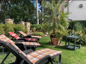 a group of chairs and tables in a yard at T7 Garden guest house in Siófok