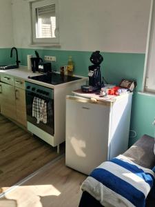 a kitchen with a stove and a small refrigerator at Wolfskraft in Hauenstein