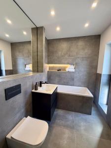 ein Badezimmer mit Badewanne, Toilette und Waschbecken in der Unterkunft ASPECT House in Caransebeş