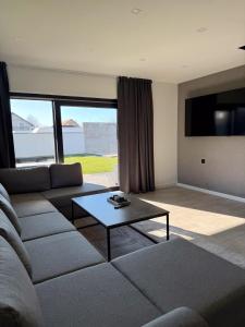ein Wohnzimmer mit Sofa und Tisch in der Unterkunft ASPECT House in Caransebeş
