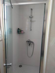 a shower with a glass door in a bathroom at Maison de charme solognote in Neung-sur-Beuvron