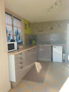 a kitchen with a counter with a microwave and a refrigerator at Maison de charme solognote in Neung-sur-Beuvron +19 photos