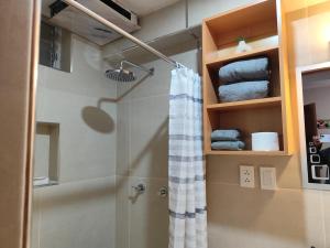 a shower with a shower curtain in a bathroom at Apartamento Flores in Puno