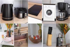 a collage of pictures of appliances in a kitchen at Bungalow PunchCoco - Beachfront in Les Trois-Îlets +22 photos