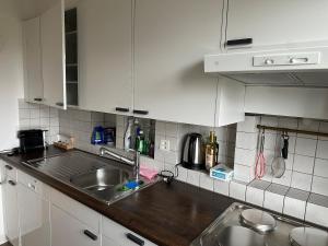 a kitchen with white cabinets and a stainless steel sink at TheCrown in Kilchberg