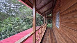 a wooden porch of a house with a red deck at Greenhouse in Almirante