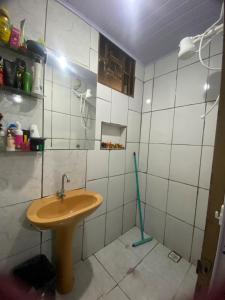 a bathroom with a sink and a mop at flat temporada in Goiânia