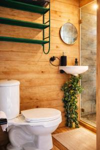 a bathroom with a toilet and a sink at Refugio La Tángara del Río in Cocorná