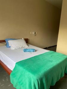 a bed with a green blanket on top of it at Quarto no centro in Sete Lagoas