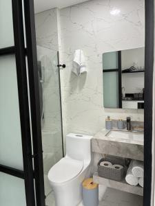 a bathroom with a toilet and a sink and a mirror at Modern studio apartment Parque de la 93 in Bogotá +4 photos