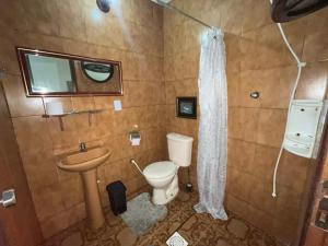 a bathroom with a toilet and a sink and a shower at Loft para casal em prédio familiar 3,5km do centro histórico in Petrópolis
