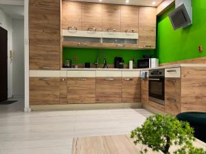 a kitchen with wooden cabinets and a green wall at Odnowiony Apartament Premium in Zawiercie