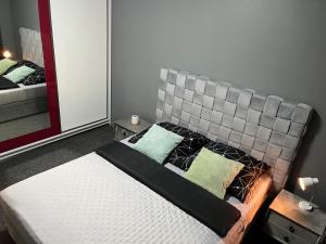 a bedroom with a bed and a mirror at Odnowiony Apartament Premium in Zawiercie