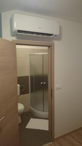 a bathroom with a toilet and a ceiling at Postojna Rooms in Postojna