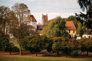 a village with a church and trees in the foreground at Schloss und Gut Liebenberg in Liebenberg