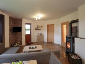 a living room with a couch and a fireplace at Holiday flat in the Sauerland with terrace in Medebach