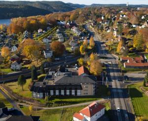 an aerial view of a small town with a road at Home Hotel Park in Halden +48 photos