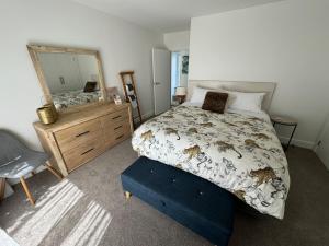 a bedroom with a bed and a dresser and a mirror at Bayview Apartment in Timaru
